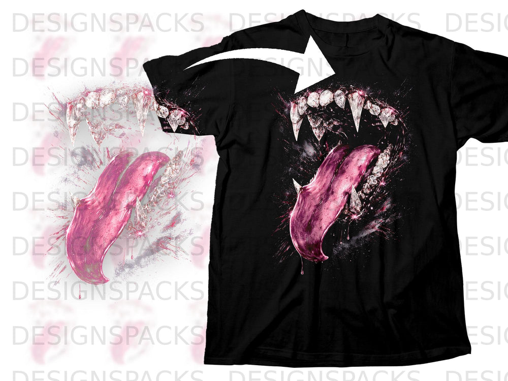Black t-shirt with a graphic of a monstrous open mouth with fangs and a pink tongue.