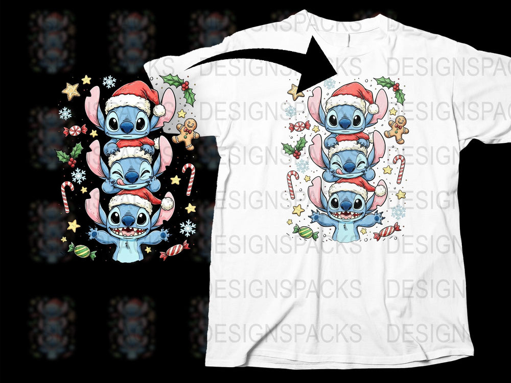 Festive Holiday T-Shirt with Cute Blue Creatures in Santa Hats, Unisex Christmas Tee
