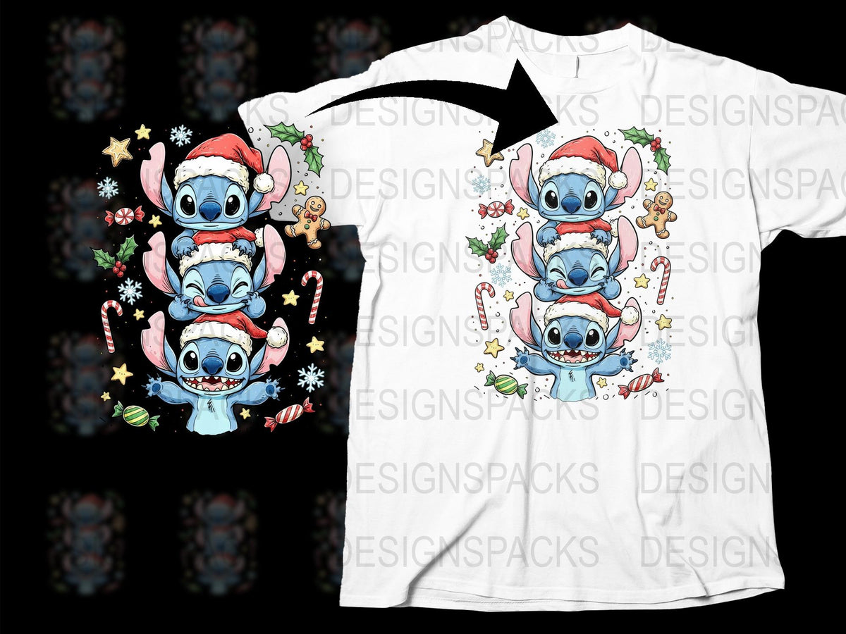 Festive Holiday T-Shirt with Cute Blue Creatures in Santa Hats, Unisex Christmas Tee