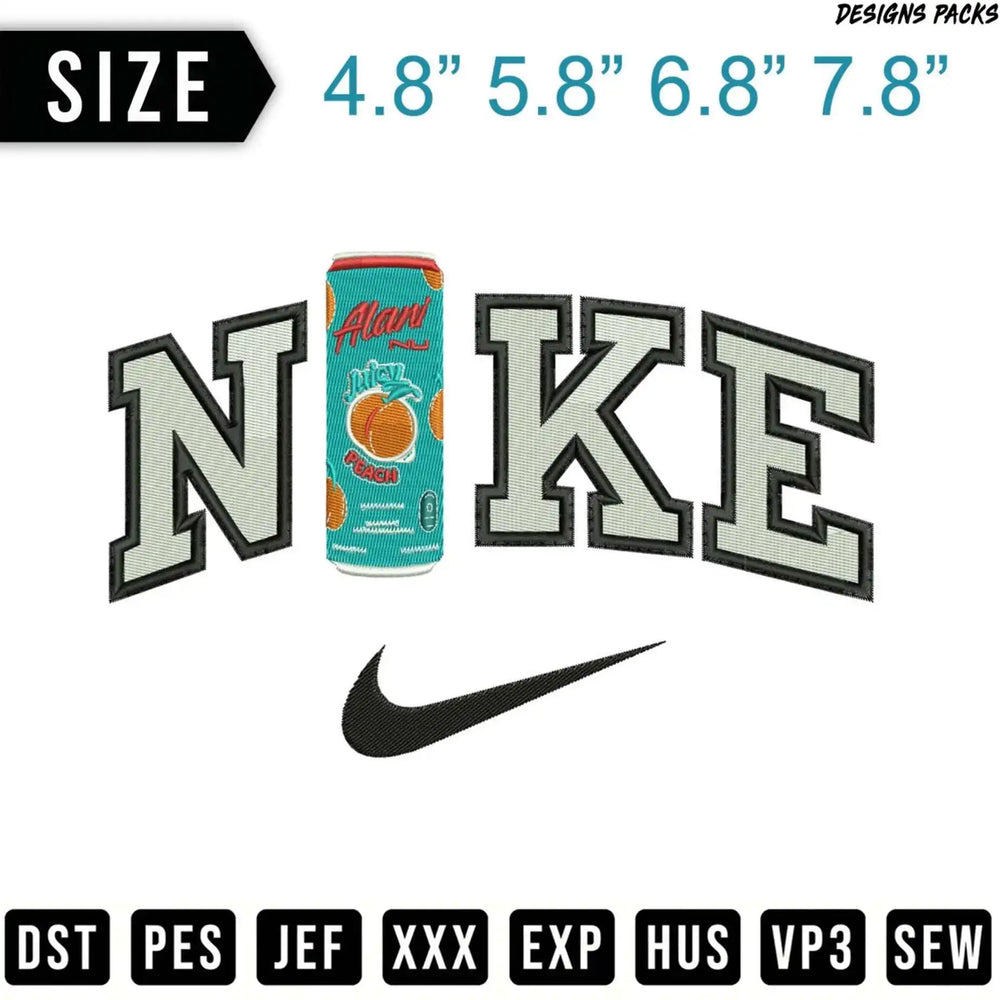Nike logo embroidery design with peach soda can in the "O".