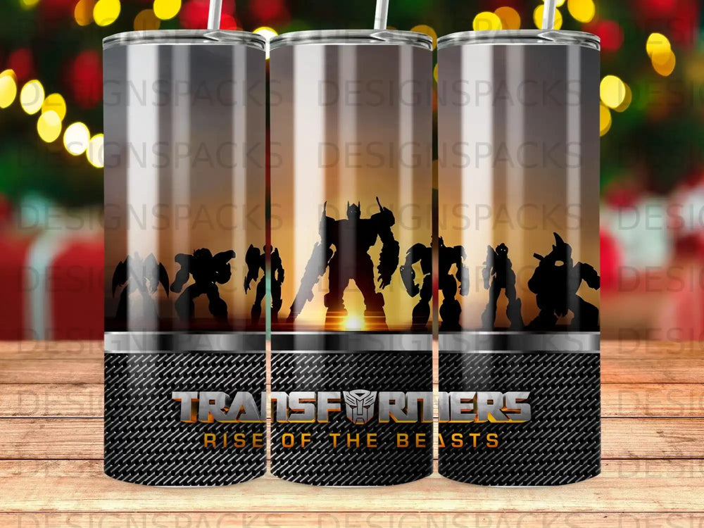 Transformers: Rise of the Beasts characters silhouetted against a sunset.
