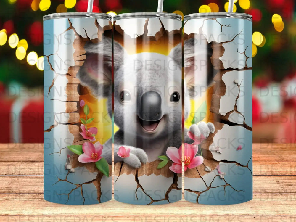 Koala peeking through a crack in a wall with pink flowers.