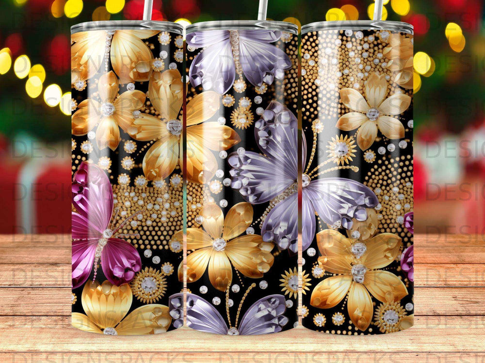 Gold and purple floral and butterfly tumbler with rhinestones and glitter.