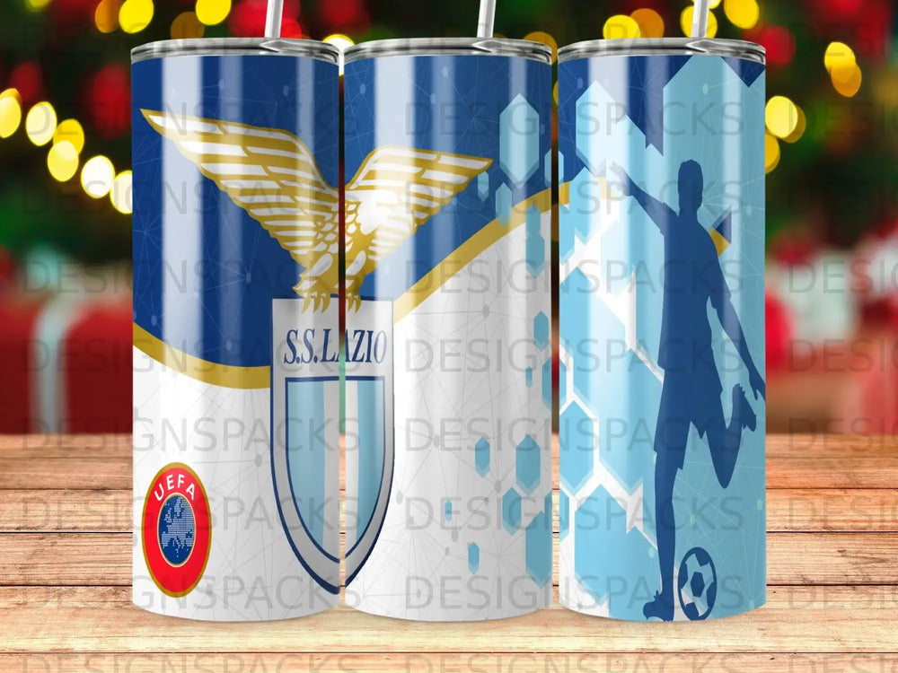 S.S. Lazio logo with UEFA Champions League emblem on a tumbler.