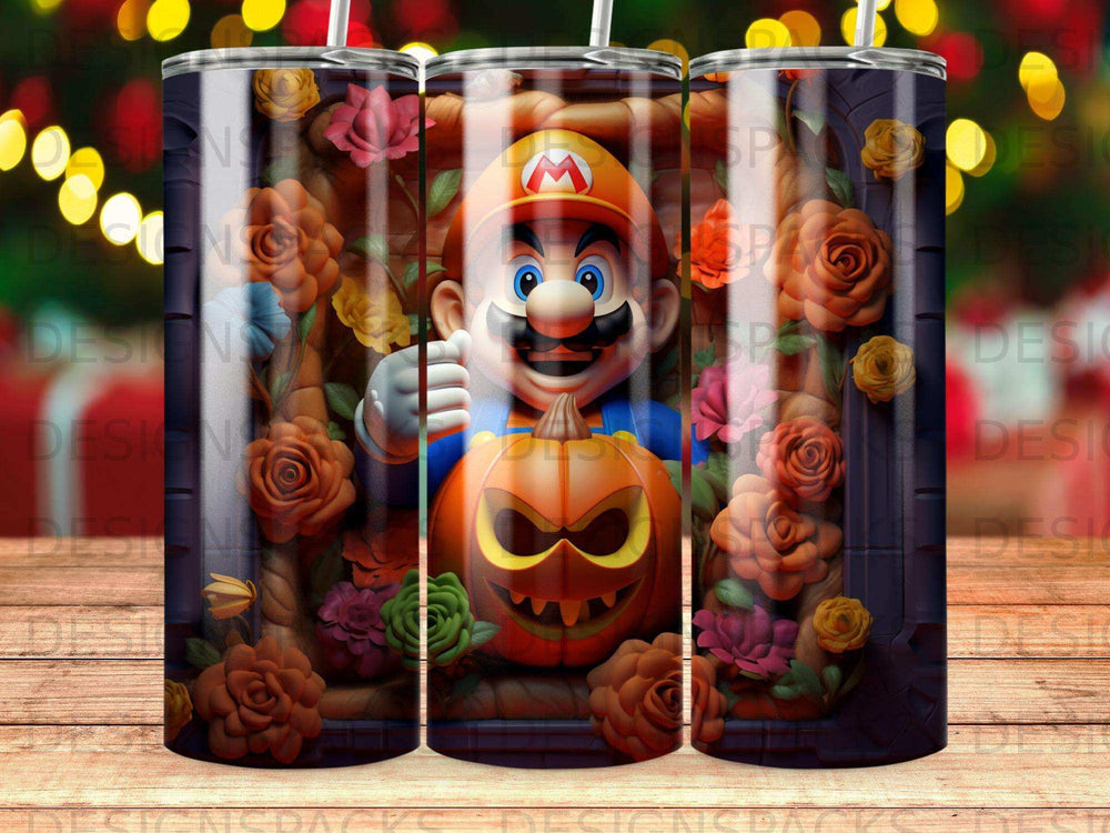 Mario holding a jack-o'-lantern with colorful flowers and autumn leaves.