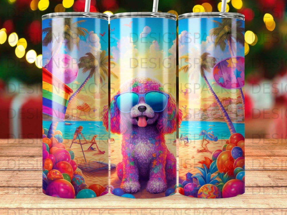 Colorful dog wearing sunglasses on a beach with palm trees and balloons.