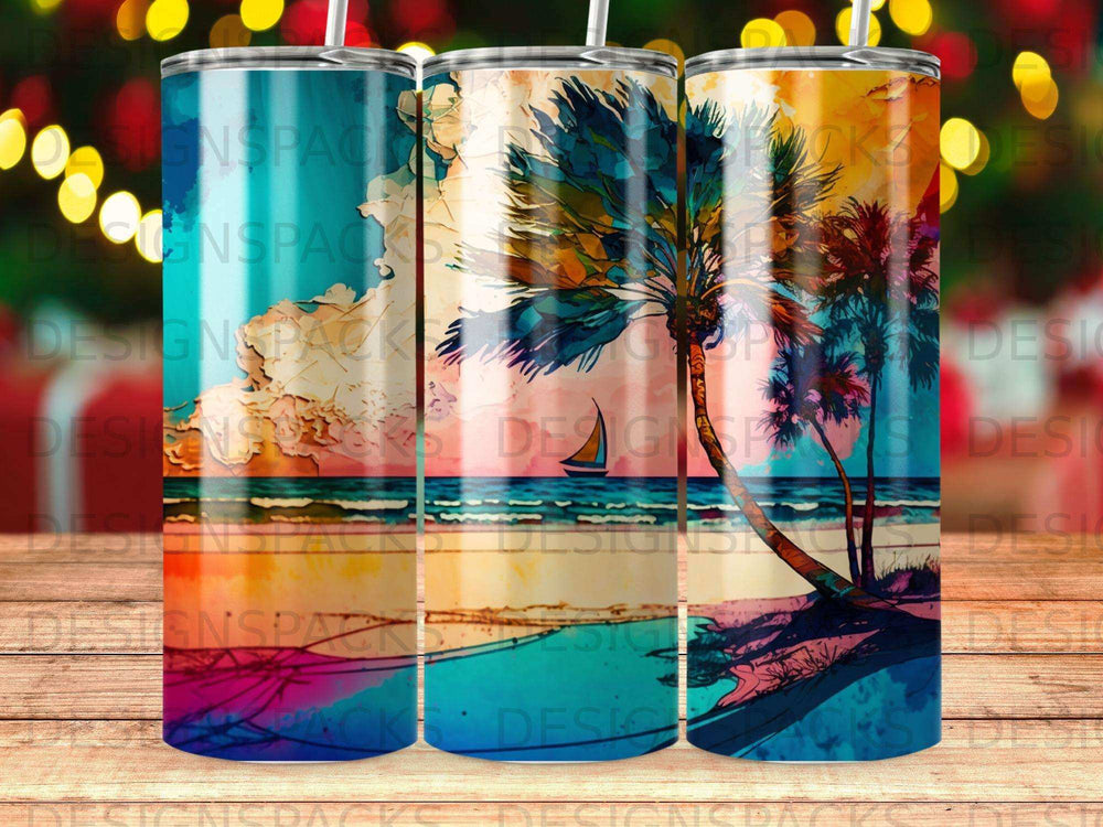 Palm tree silhouette on a colorful beach sunset scene.