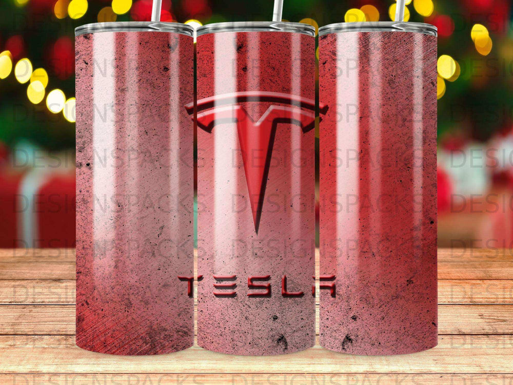 Red textured tumbler with Tesla logo and name.
