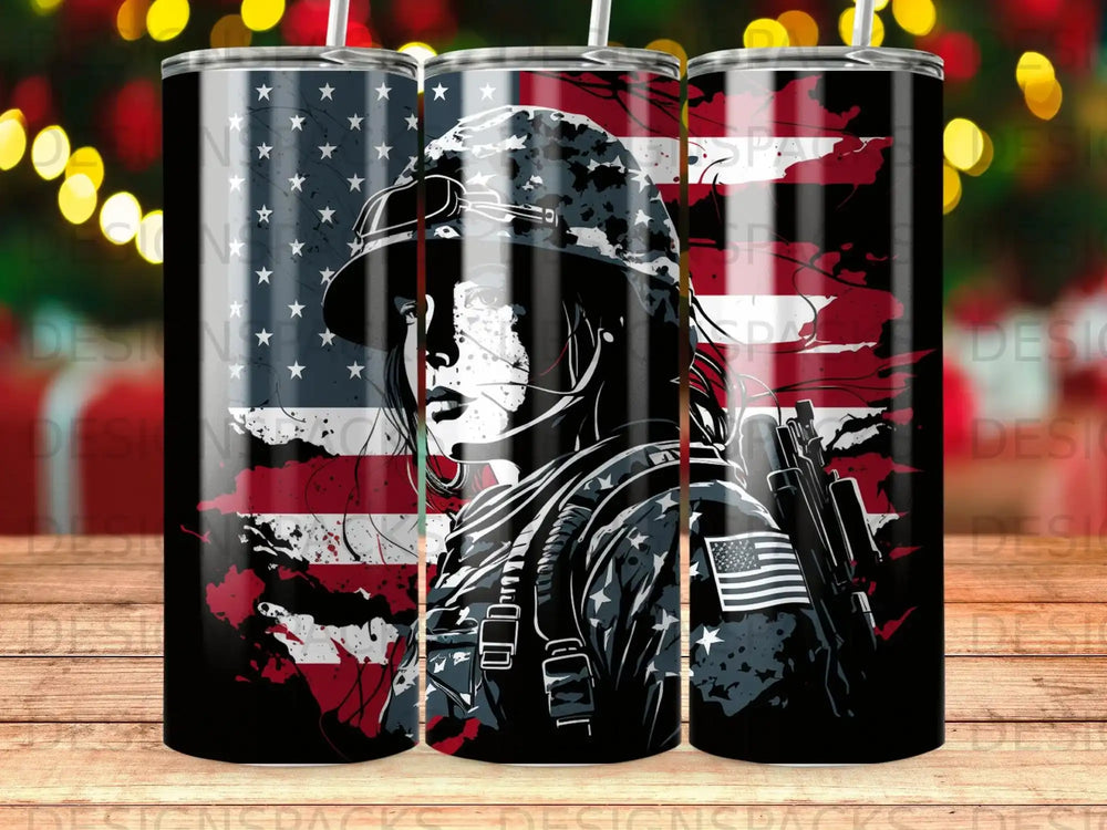 Soldier in camouflage against American flag background.