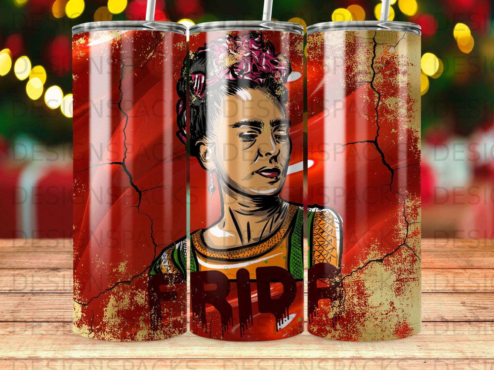 Frida Kahlo portrait with red, yellow, and gold distressed background.