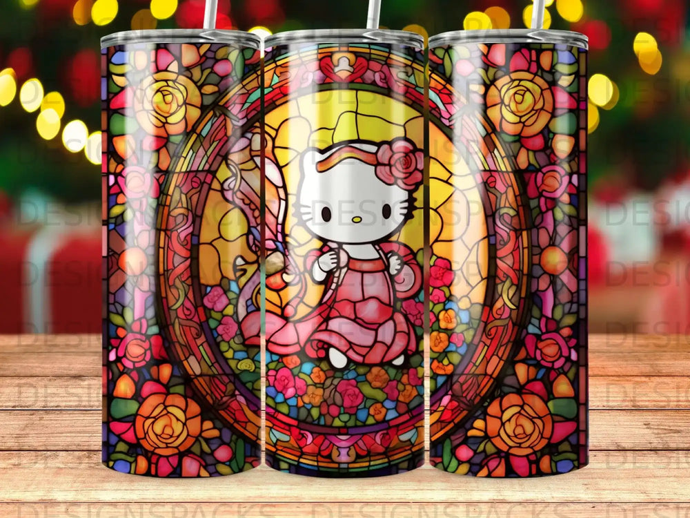 Hello Kitty in a stained-glass circle with floral patterns.