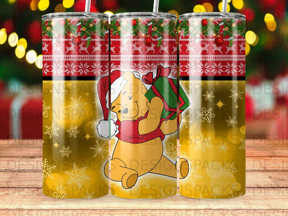 Winnie the Pooh in festive holiday attire holding a gift.