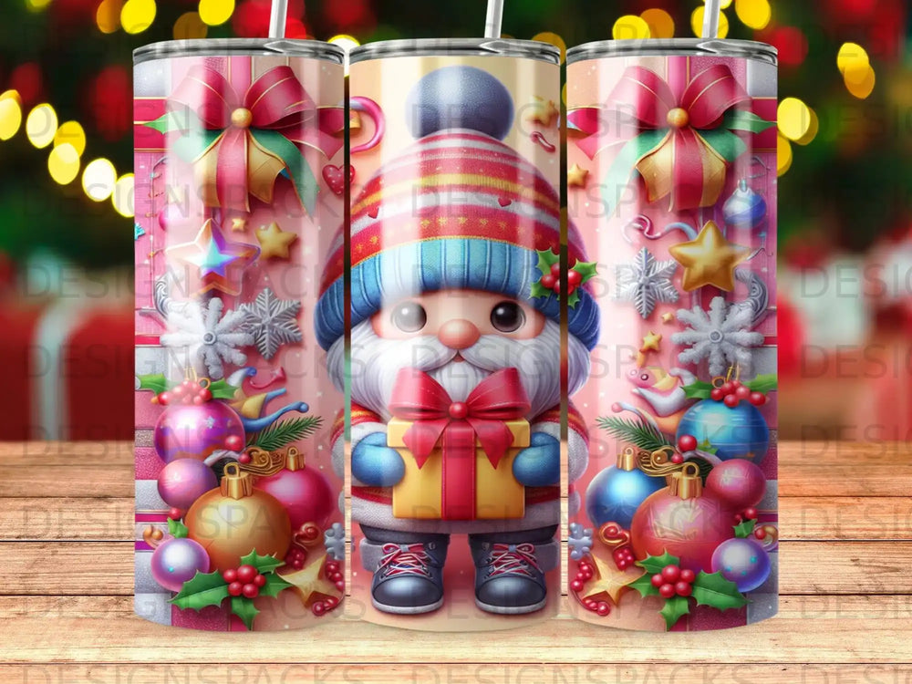 Gnome holding gift, surrounded by ornaments and festive decorations.