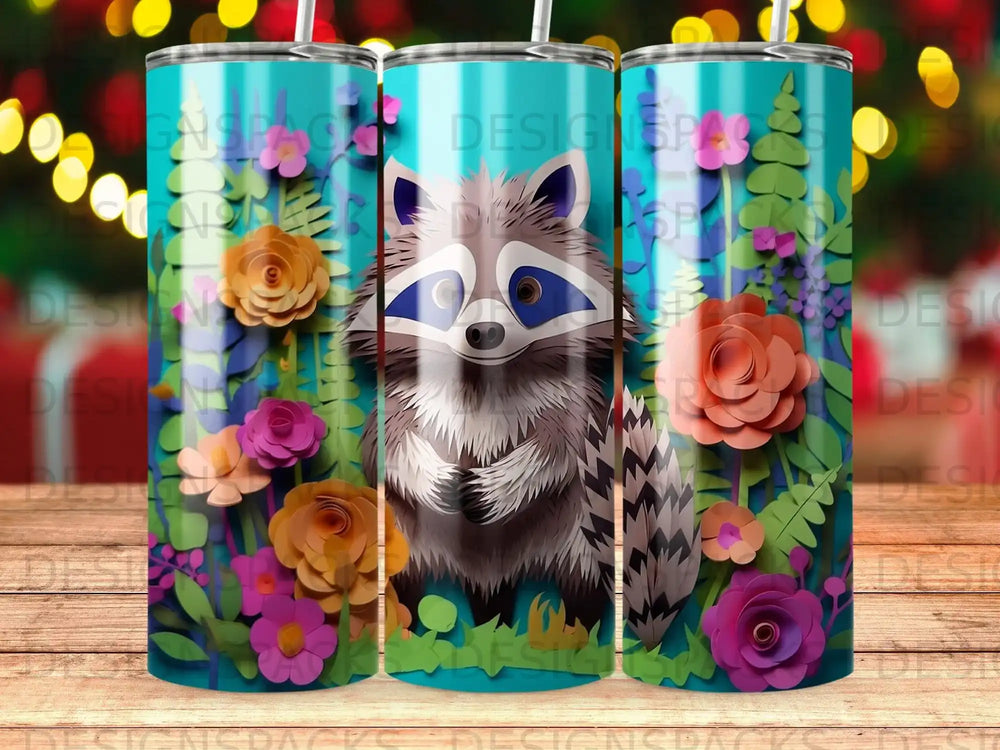 Raccoon illustration with colorful flowers and foliage on a teal background.