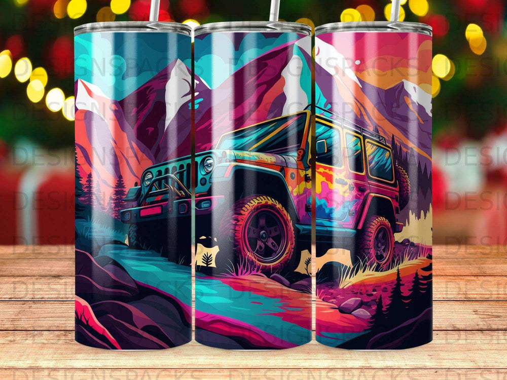 Colorful Jeep driving through a vibrant mountain landscape.