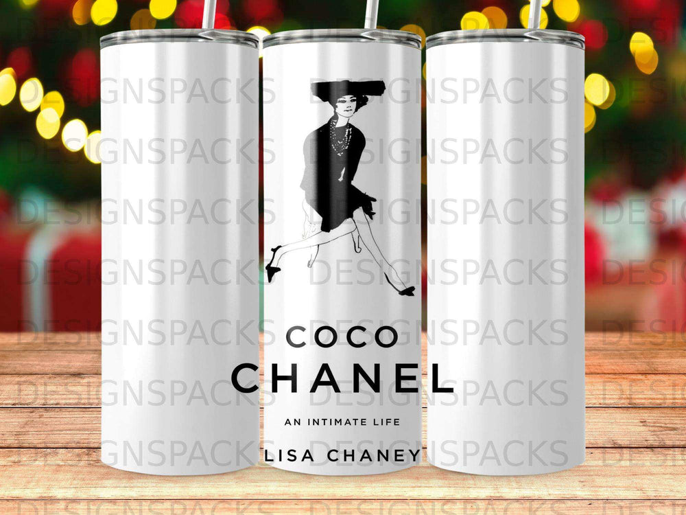 Chanel and Lisa Chaney collaboration tumbler with black and white design.