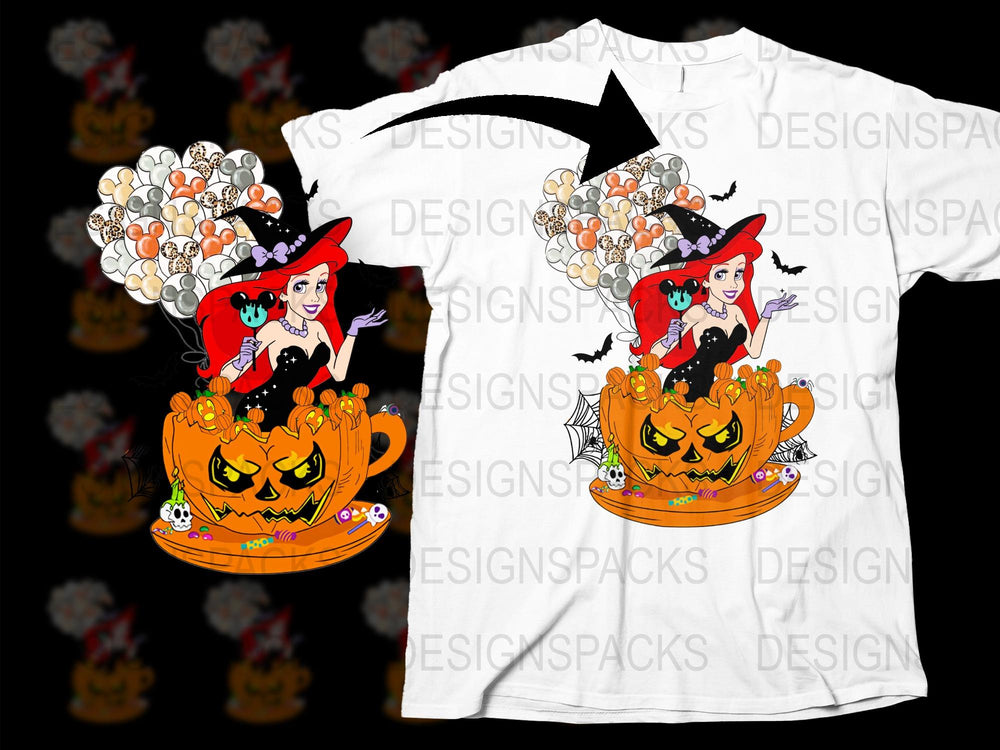Halloween Witch and Pumpkin Graphic T-Shirt, Spooky Cartoon Witch Design, Colorful Kids and Adults Tee, Unique Halloween Costume Idea
