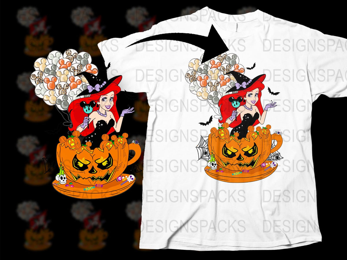 Halloween Witch and Pumpkin Graphic T-Shirt, Spooky Cartoon Witch Design, Colorful Kids and Adults Tee, Unique Halloween Costume Idea