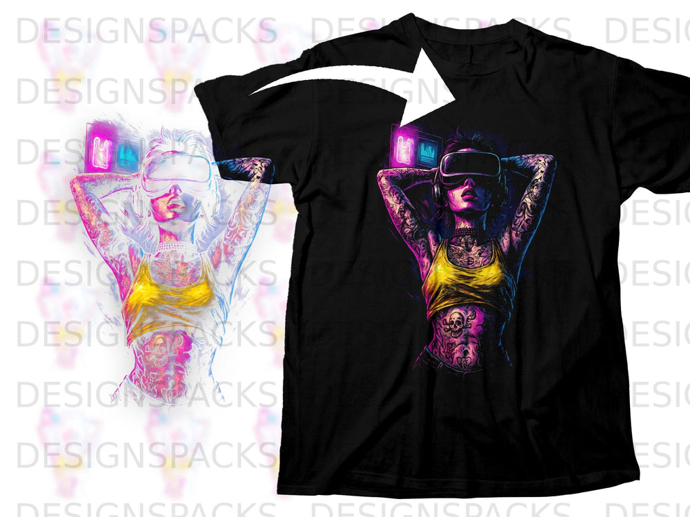 Tattooed person wearing VR headset with neon lights on black t-shirt.