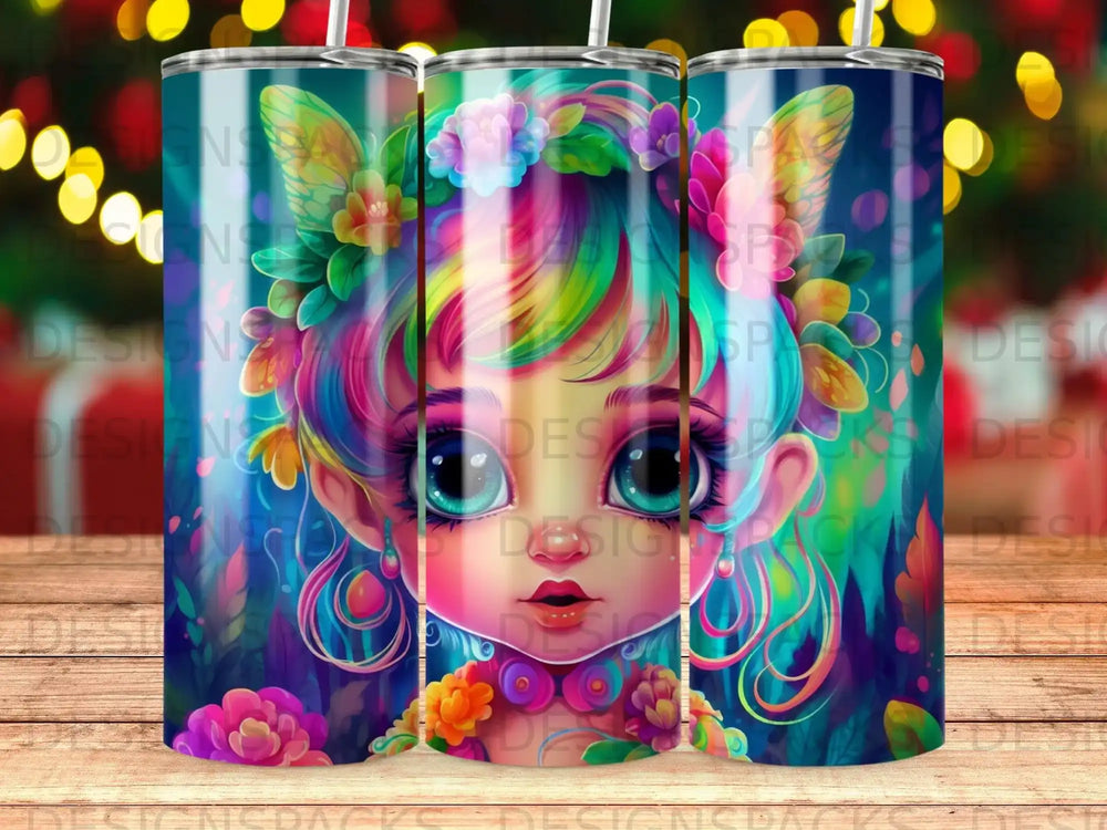 Whimsical fantasy character with colorful hair and floral accents on a tumbler.