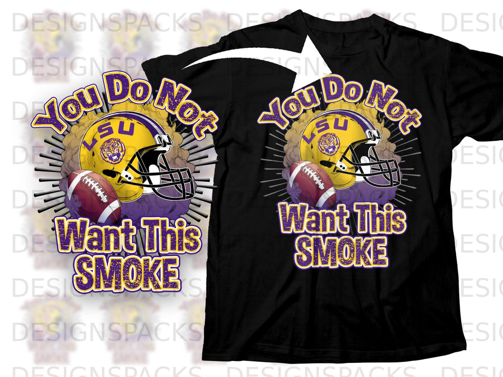 Black t-shirt with purple and gold LSU football helmet graphic and text.