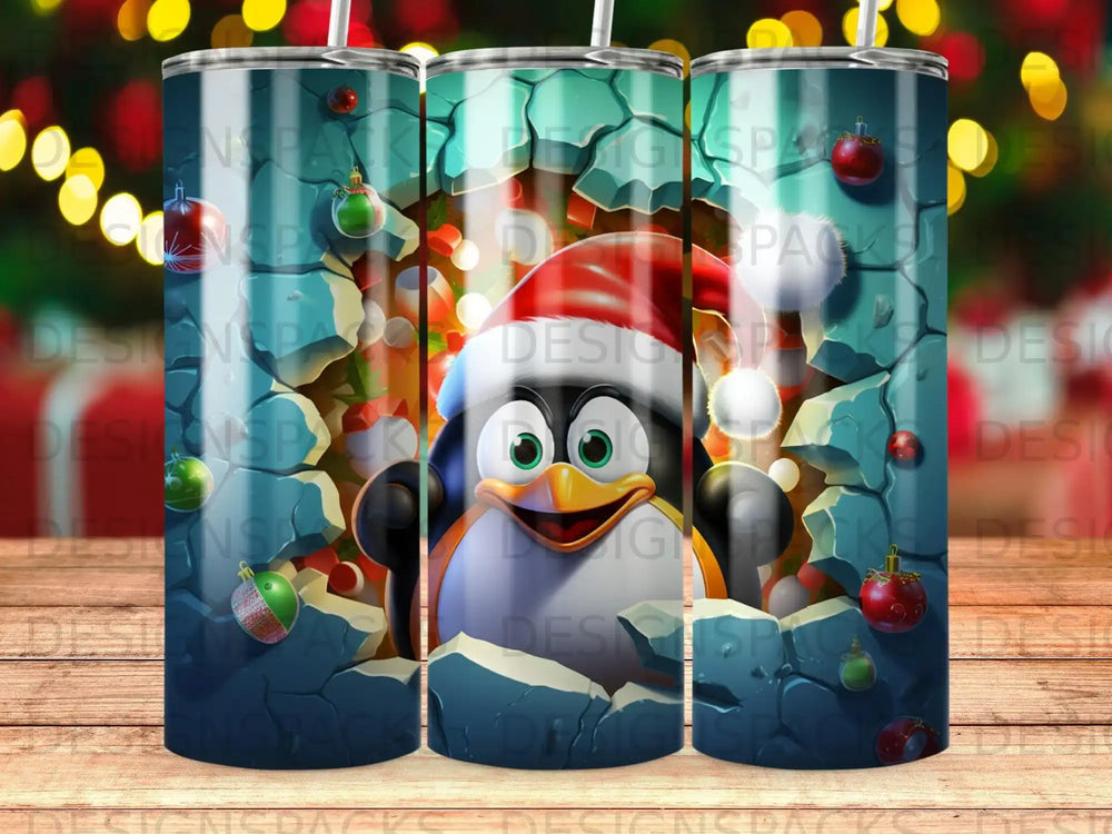 Penguin in Santa hat breaking through wall with Christmas ornaments.