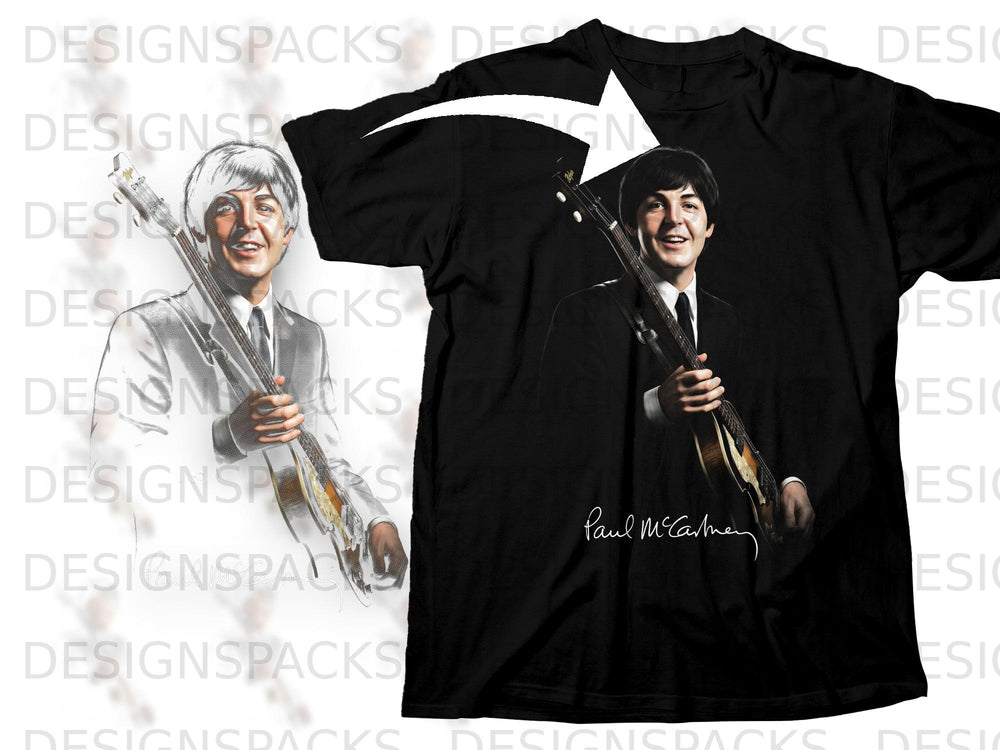 Black t-shirt featuring a portrait of Paul McCartney holding a guitar, with his signature.