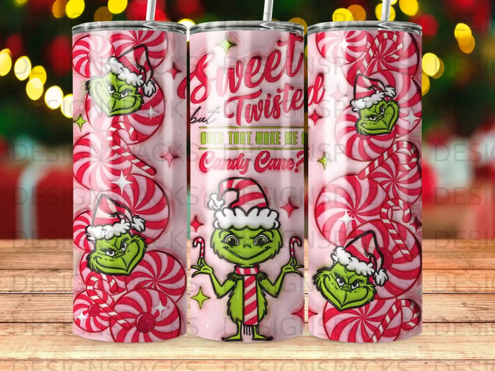 The Grinch in a Santa hat with "Sweet Twisted Candy Cane" text on a pink background.