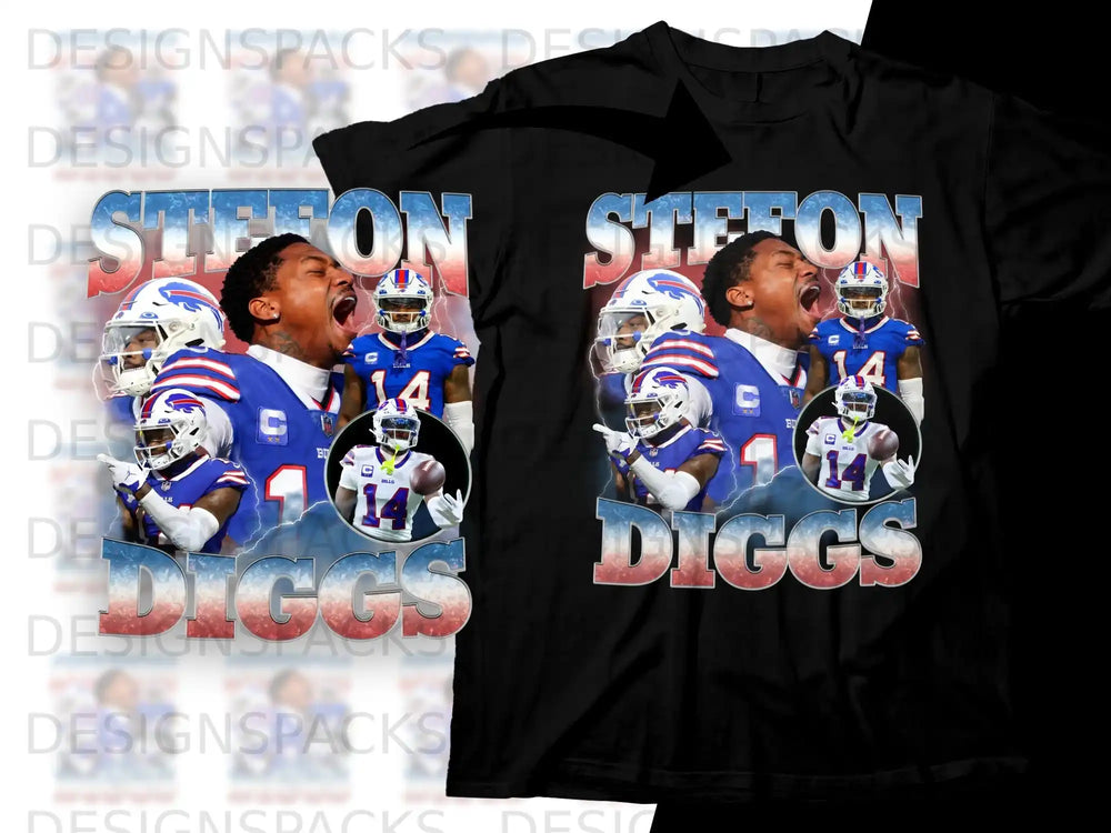 Stefon Diggs in Bills uniform on a black t-shirt.