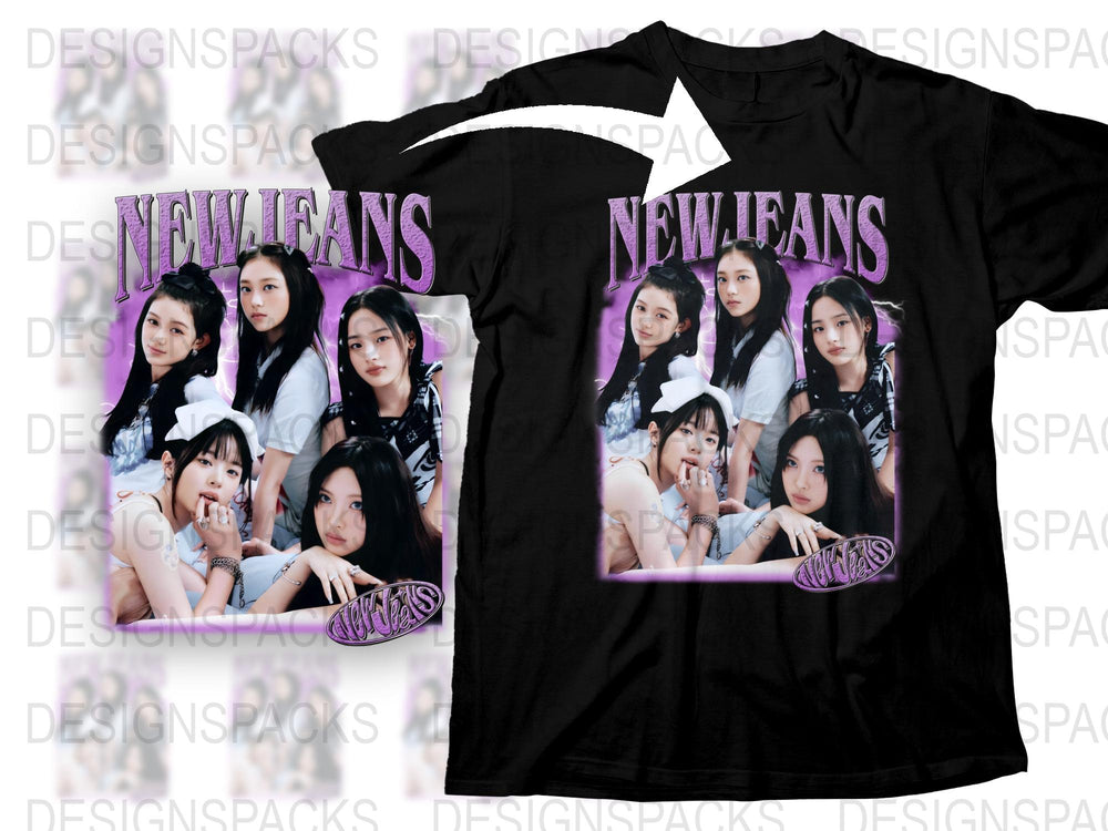 New Jeans K-pop Group Fan T-Shirt, Purple and Black Graphic Tee, Music Merchandise
