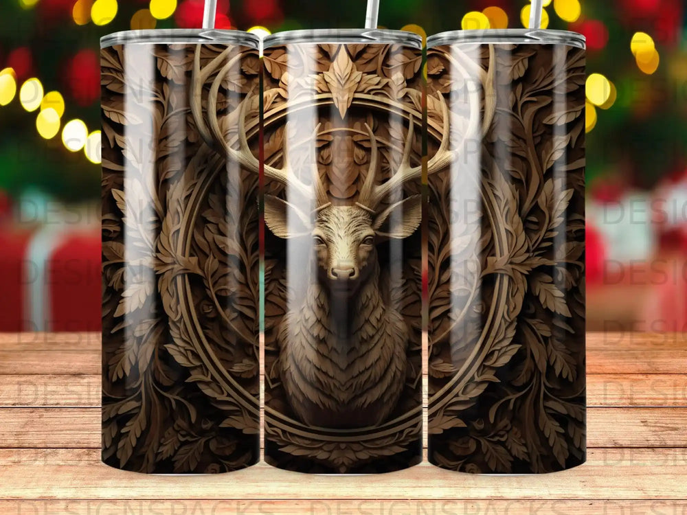 Wooden carved deer head with ornate leaf border on a tumbler.