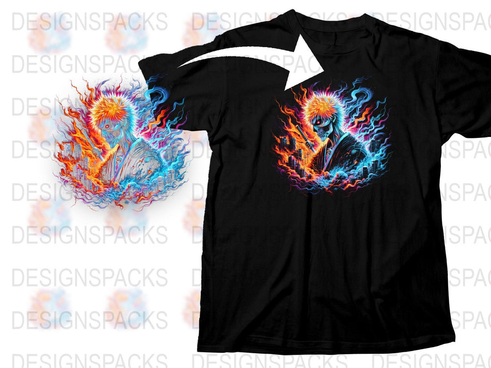Men's Black T-shirt with Colorful Phoenix Fire Print, Artistic Flame Bird Design, Casual Graphic Tee