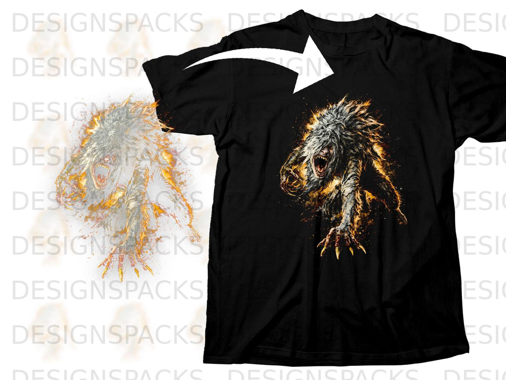 Black t-shirt featuring a roaring, fiery werewolf graphic with sharp claws.