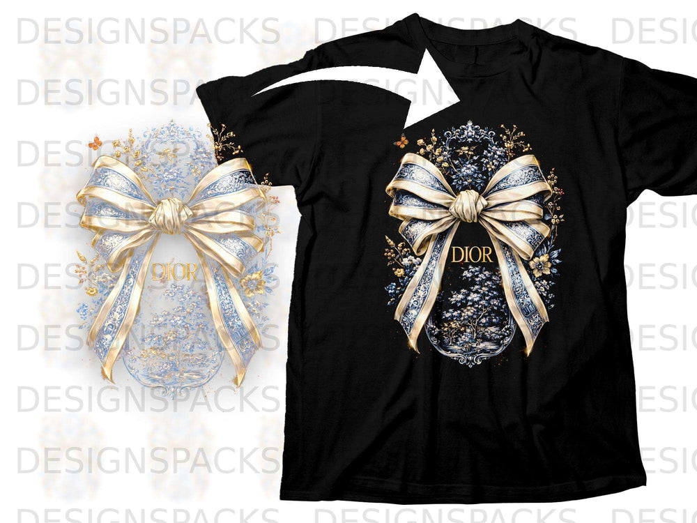 Black t-shirt with a white and gold ornate bow and floral design featuring the Dior logo.