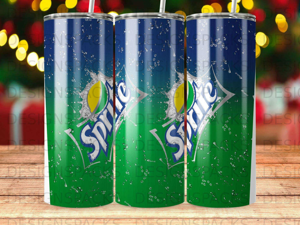 Sprite logo on a green and blue speckled tumbler.
