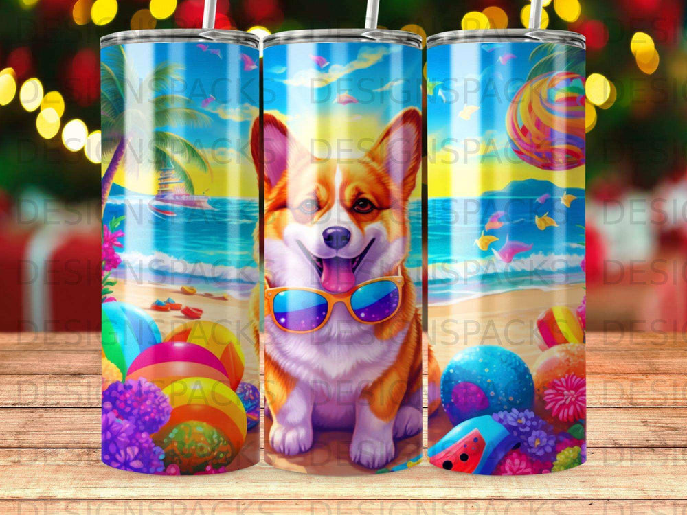 Corgi wearing sunglasses sits on beach with beach balls and colorful flowers.