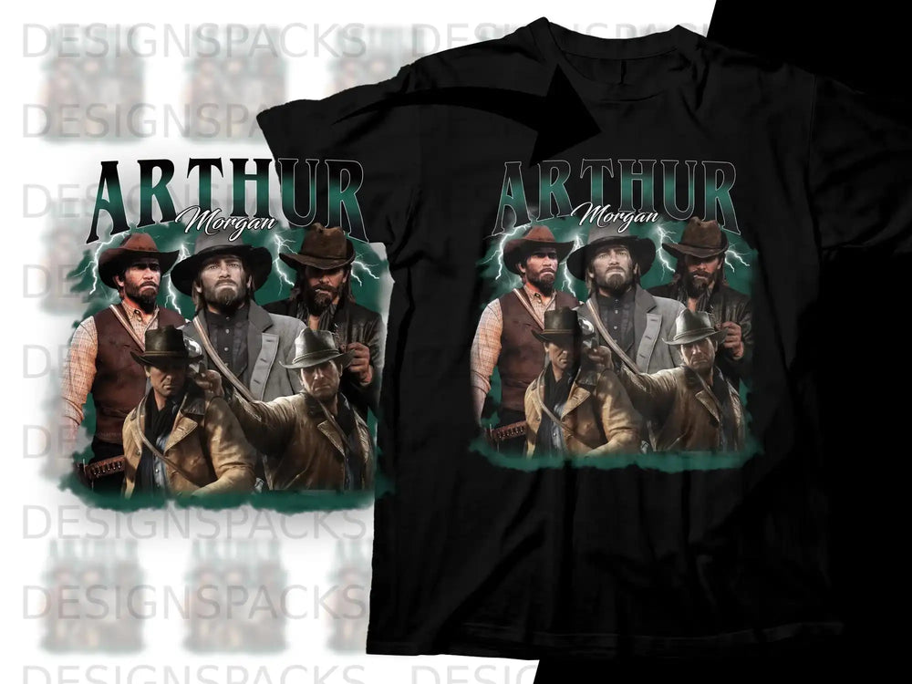 Arthur Morgan from Red Dead Redemption 2 on a black t-shirt.
