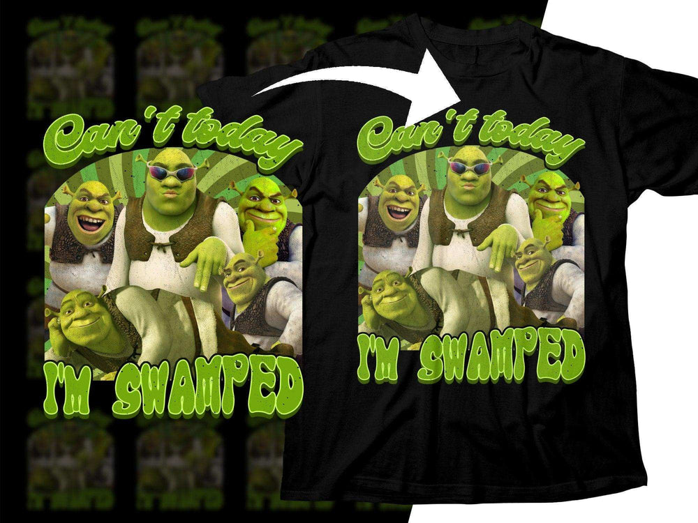 Shrek-themed black t-shirt with 'Can't today I'm swamped' design, featuring multiple Shrek expressions.