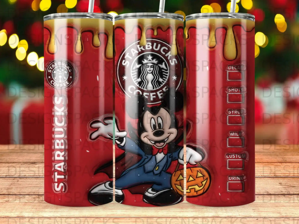 Mickey Mouse with Starbucks logo and menu items on a tumbler.