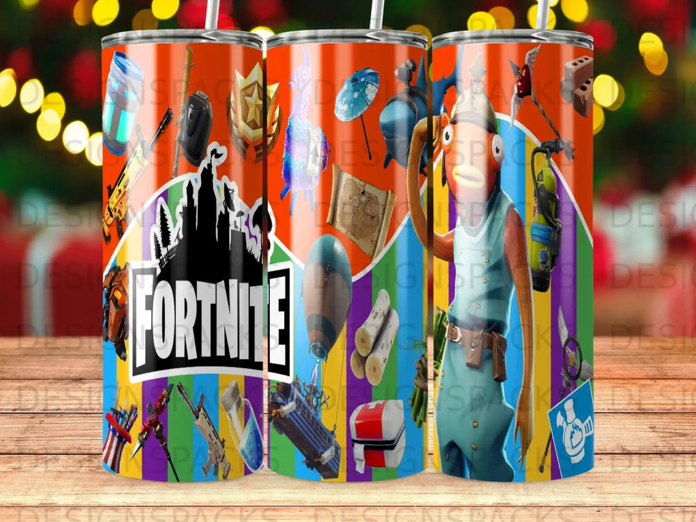 Fortnite characters and items on a colorful tumbler with game logo.