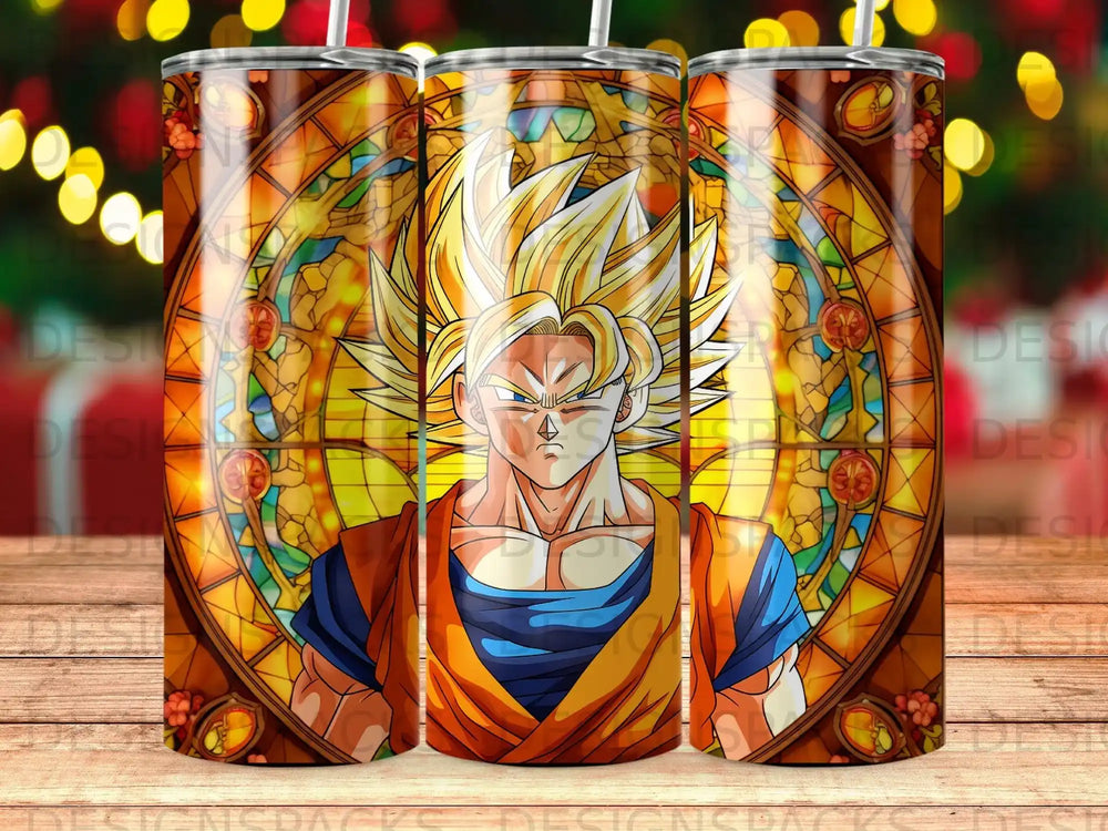 Stained glass Goku portrait on a tumbler with bokeh background.