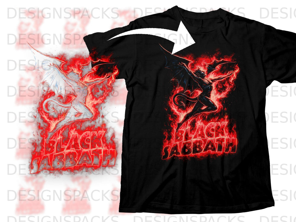 Black Sabbath t-shirt with devil graphic and red flame accents.