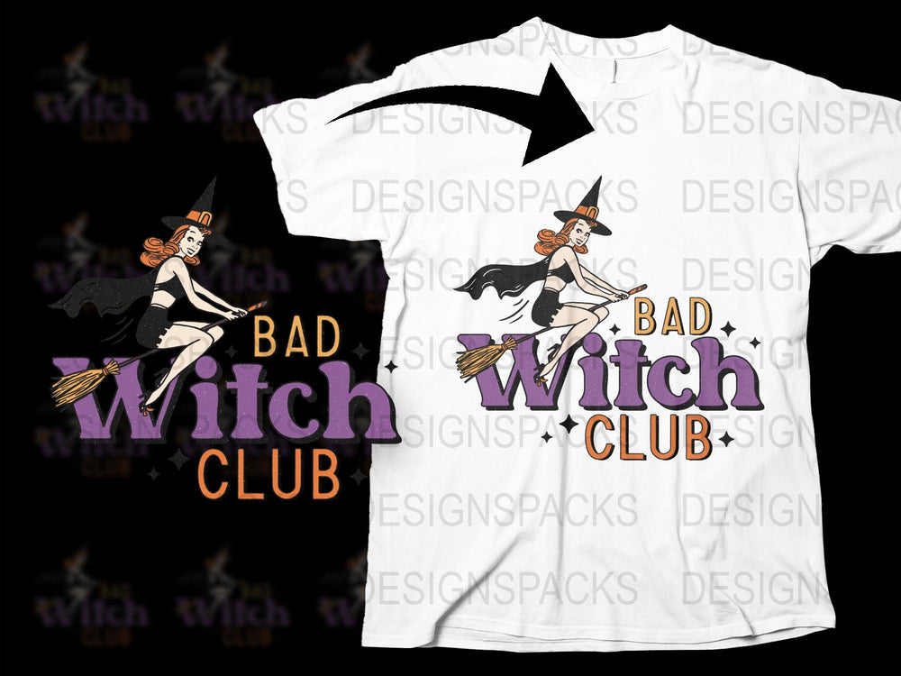 Bad Witch Club Halloween T-Shirt, Vintage Style Witch Graphic Tee, Women's Halloween Costume Top, Fall Apparel.