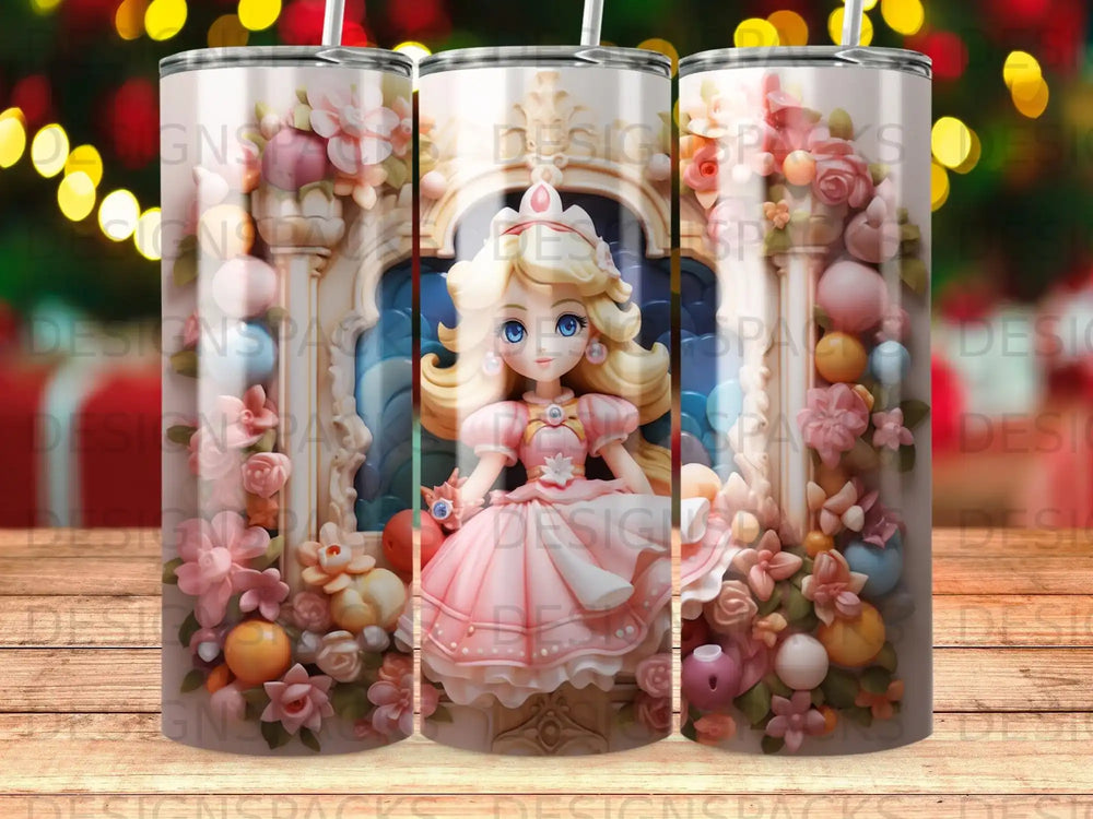 Peach from Super Mario Bros. in a pink dress surrounded by flowers.