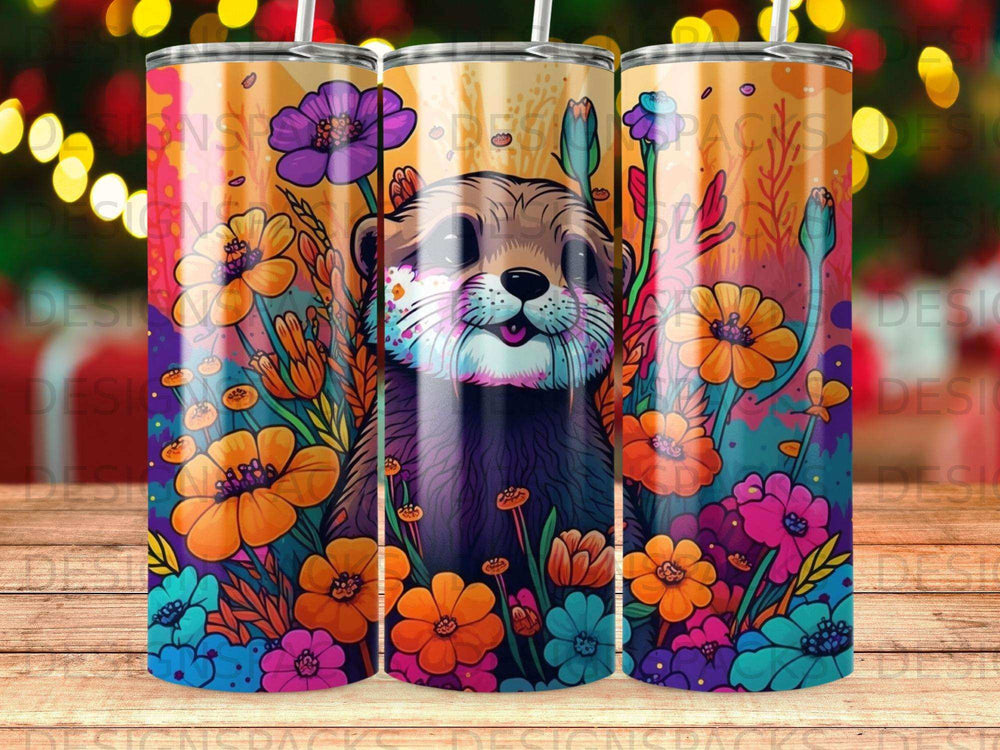 Artistic otter with colorful flowers and leaves.