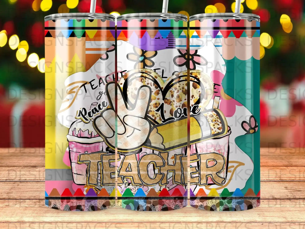 Peace love teacher tumbler with colorful floral and geometric designs.