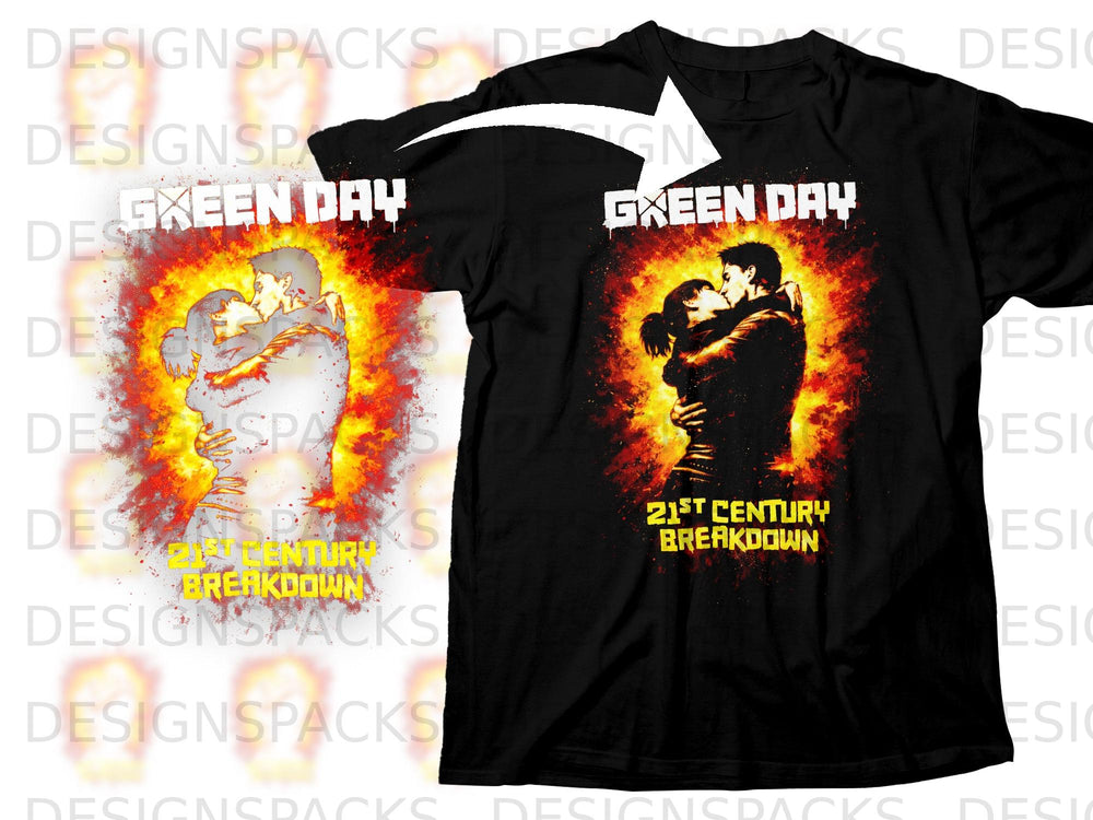 Black t-shirt with Green Day "21st Century Breakdown" album art.