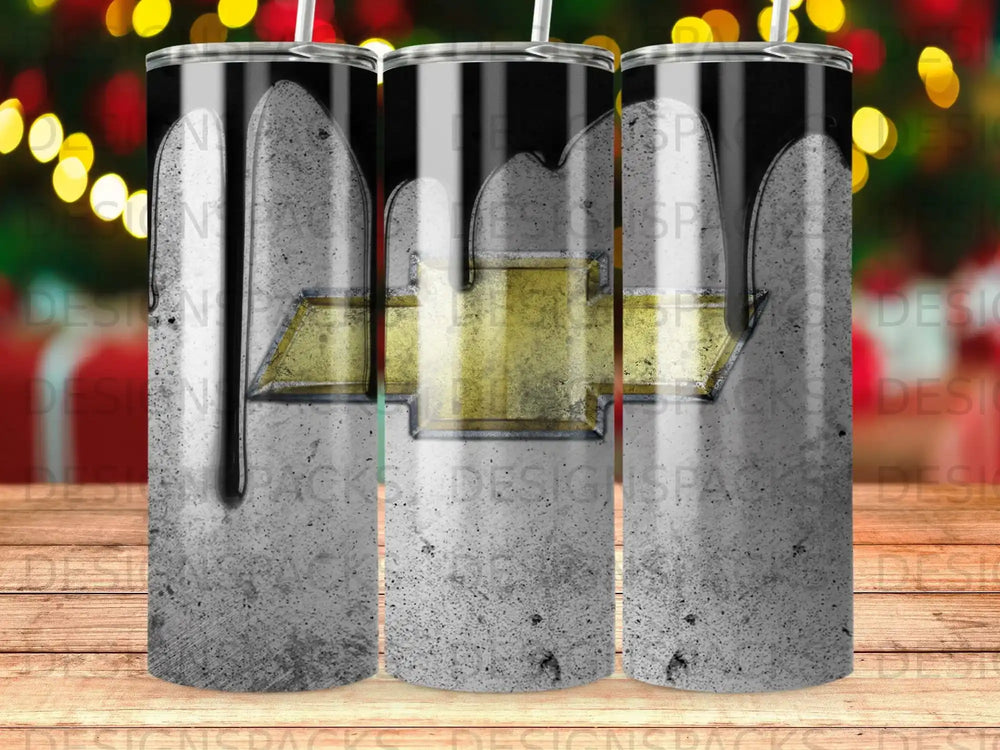 Tumbler with black drips over a gray concrete background and Chevrolet logo.