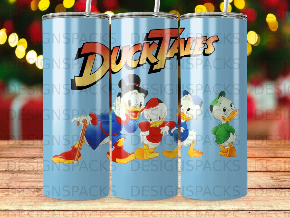 Three tumblers with cartoon ducks: Huey, Dewey, and Scrooge McDuck.