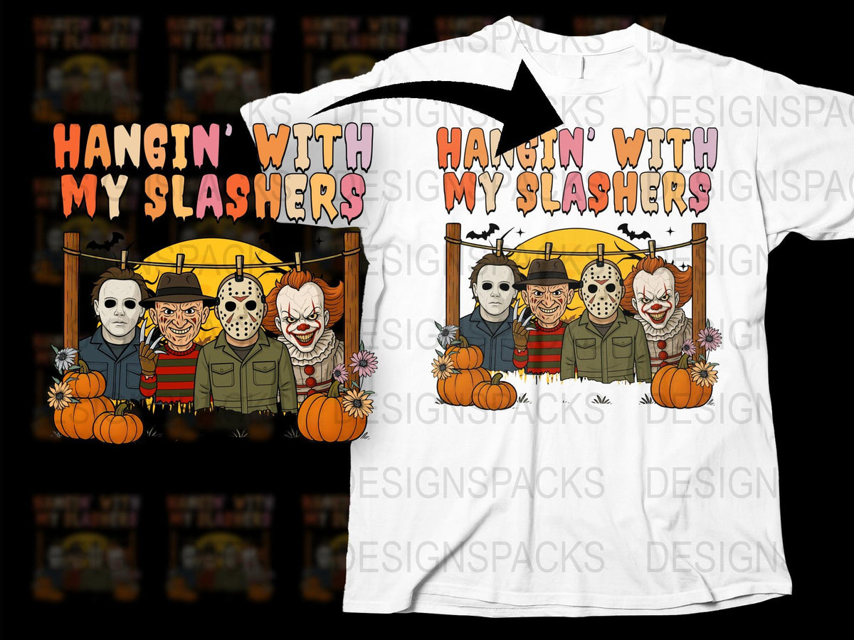Halloween Horror T-Shirt, Hangin' With My Slashers, Scary Movie Characters, Unisex Horror Tee, Pumpkin Graphic, Spooky Season Shirt
